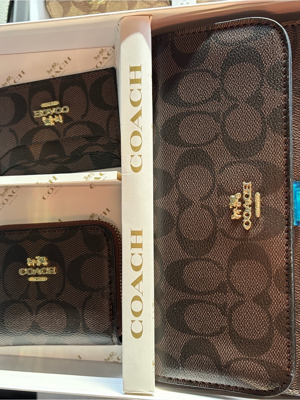 Coach Brown Signature Monogram Wallet Set with Gold Logo